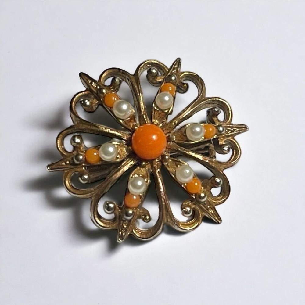 Vintage Antique Gold Tone Starburst Orange Acrylic Stones Faux Pearl Pin Brooch